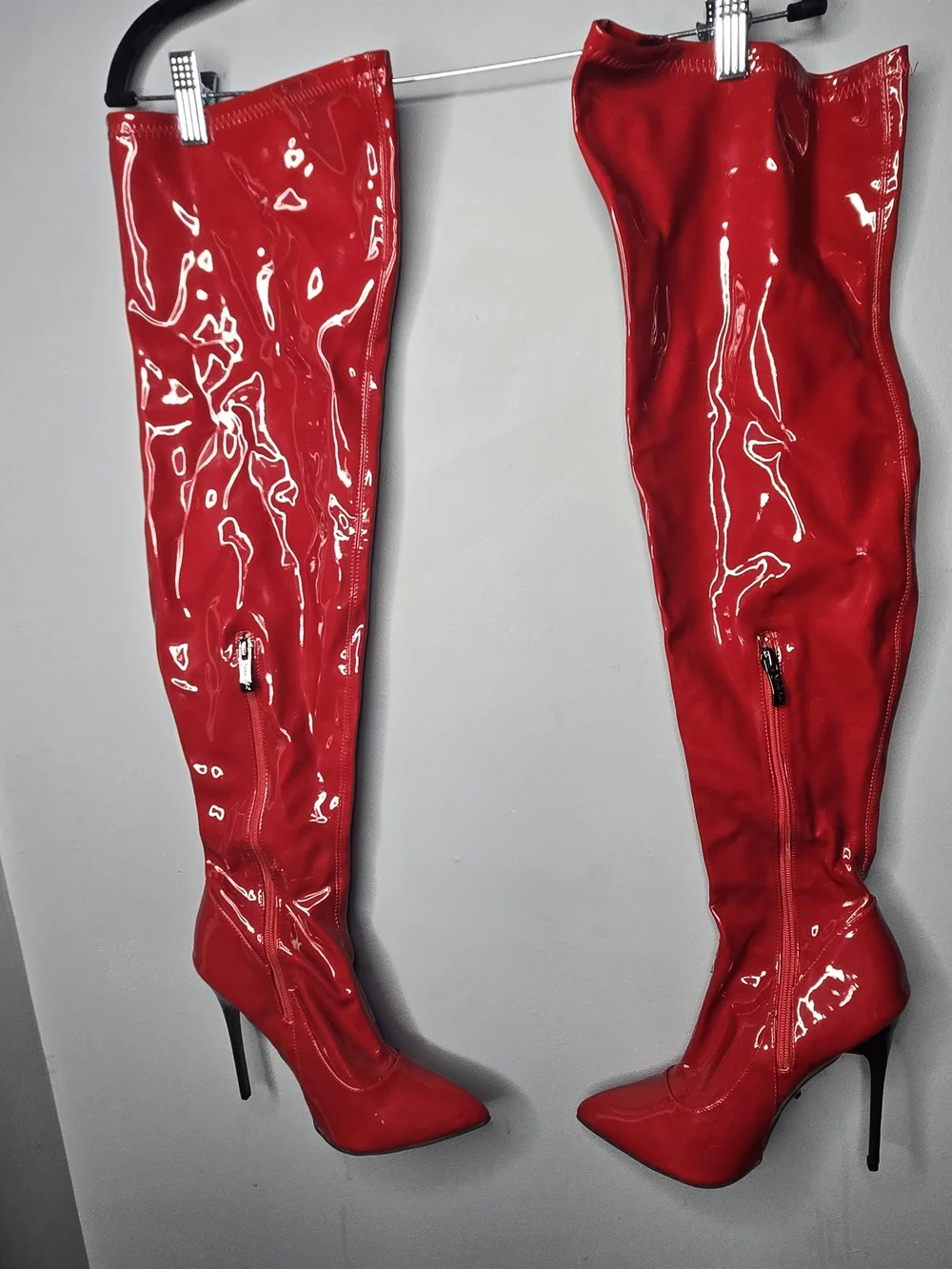 Red Patent Leather Thigh High Boots Stiletto Heel Size 8 Sexy Clubwear OTK Gloss